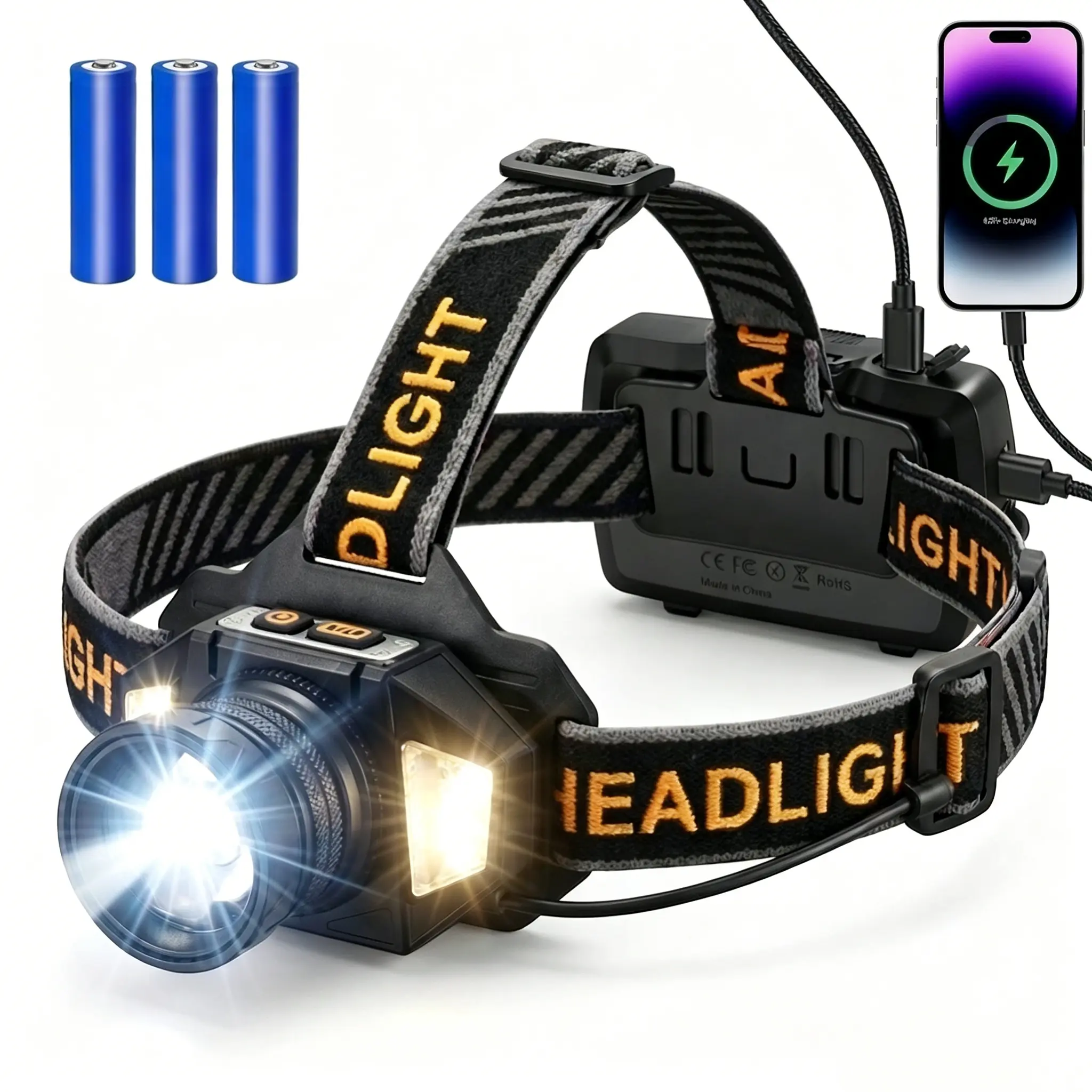 150000 Lumen Rechargeable Headlamp, 60H Long Battery Life, 9 Modes 50W LED Headlight, IPX4 Waterproof headlight, 90° Adjustable Beam, Motion Sensor & Detachable Design,Super Bright Outdoor Head Lamp for Camping,Hiking,Fishing,Hunting,Emergency Gear
