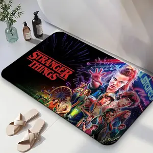 1PC, 2D "Stranger Things" diatomite floor mat - Water-absorbing and anti-slip bathroom mat - Home decoration door mat - Hawkins Town style foot mat - Retro fluorescent design - Surroundings