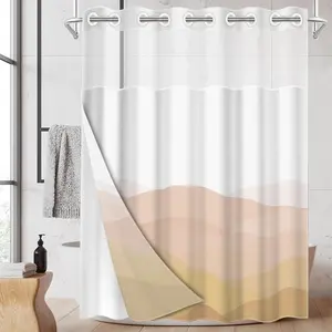1pc Warm Gradient Mountain Double-Layer Shower Curtain, Polyester, Mold-Resistant, Waterproof, Wall-Mounted, Bathroom, Fashion Style