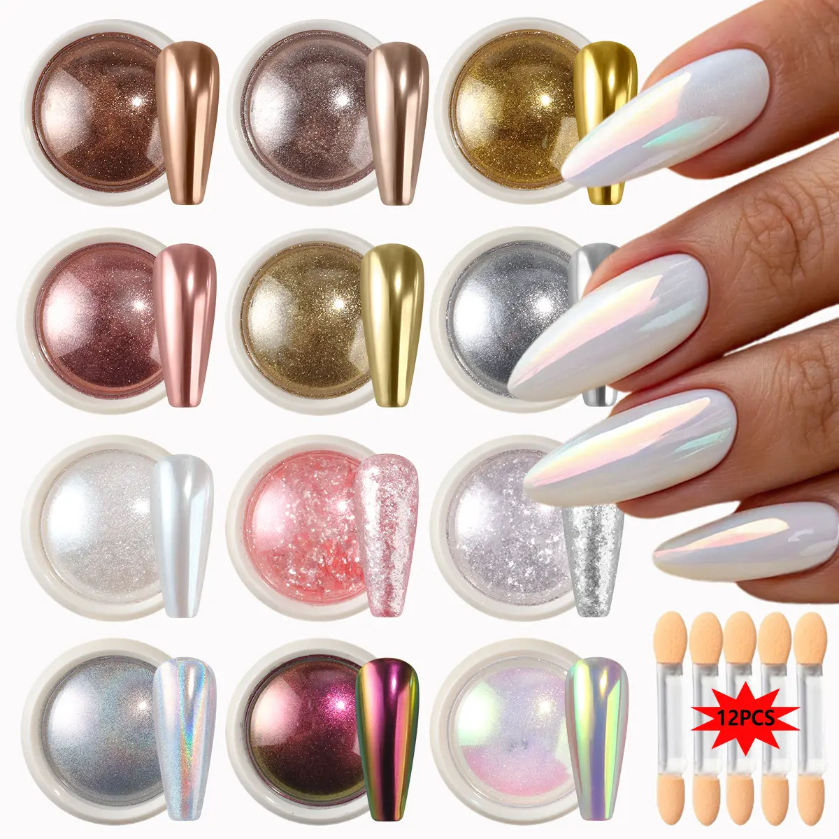 12-Pack Aurora Chrome Nail Powder Set with 12 Sponge Sticks, Non-Flying Holographic Iridescent Metallic Glitter, Colorful Flakes False Nails & Accessories for DIY Manicure, Multi-Pack, Acrylic Powder False Nails & Accessories