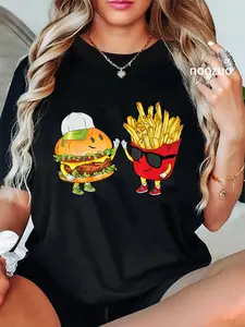 100% Cotton Unisex Hamburger Fries High Five | Cool Fun Combo Snacks Funny Gift T-Shirt Casual Top
