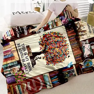 Book Tree Pattern Blanket, Soft Comfortable Throw Blanket, Air-conditioned Room Blanket, Warm Nap Blanket for Home Office Travel, Printed Blanket