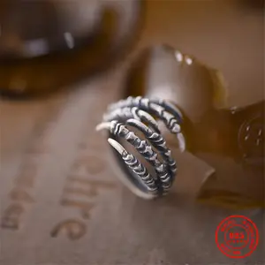 Punk Style 925 Sterling Silver Adjustable Opening Eagle Claw Ring For Men Exaggerated Personality Gothic Six Claw Ring