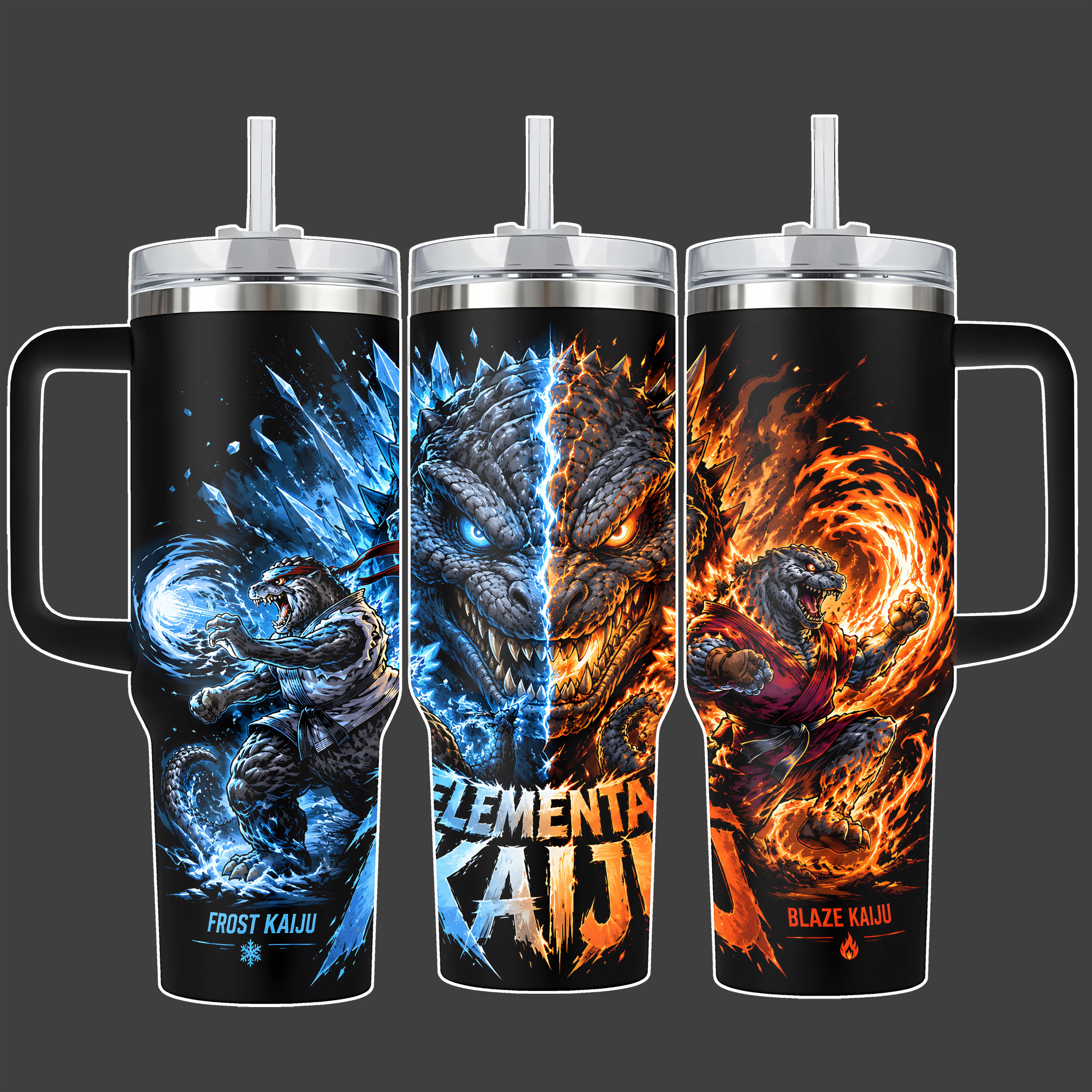 Godzilla Elemental Kaiju Frost and Blaze Monster 40oz Tumbler Cup, Blue Orange Full Wrap Stainless Steel Insulated Tumbler