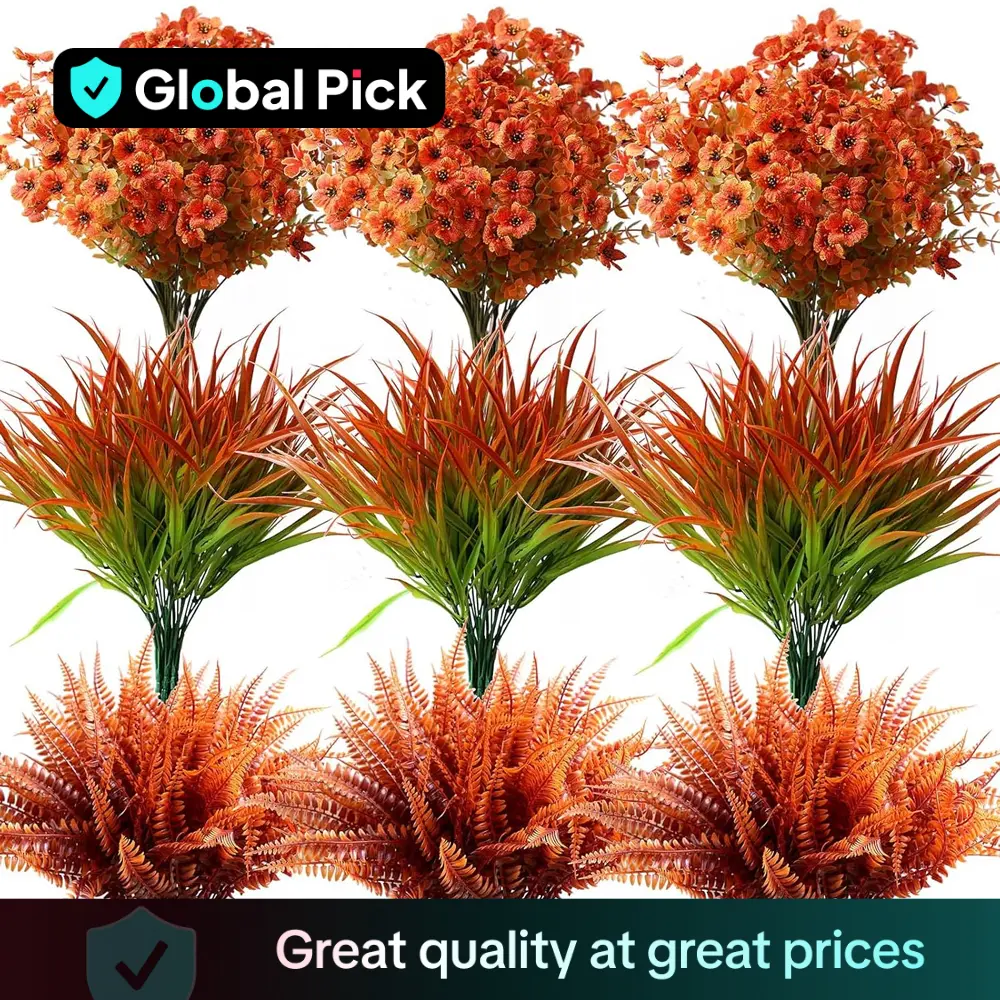 Artificial Pumpkin Flower Plant Decoration, 18pcs/set Faux Fall Flowers Grass Ferns Arrangements, UV Resistant Outside Faux Fall Greenery for Pot Gard