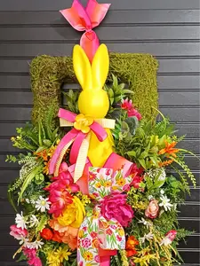 Floral Easter Wreath, Moss Base, Yellow Bunny, Spring Decor