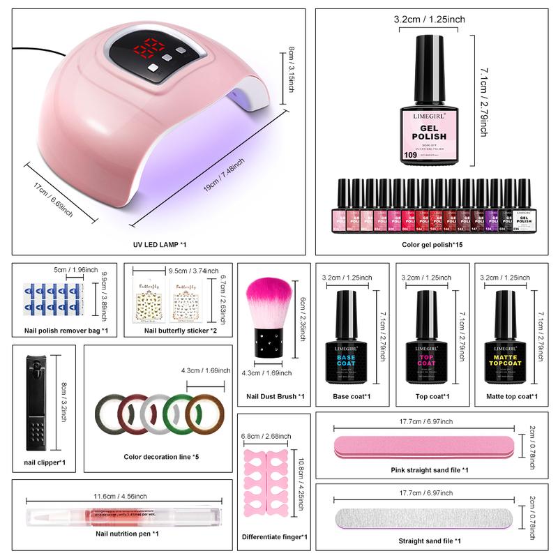 LIMEGIRL Gel Nail Polish Kit With UV Lamp 15 Color Semi Permanent Gel Nail Polish Kit With Frosted Top Paint Primer Nail Tool Set Nail  Polish Luminary Gel Nail Nail kit Nail Art Starter Kit for Beginners