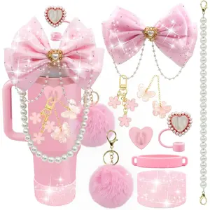 Bling Stanley Cup Accessories for 40/30/20 oz Tumbler with Handle Including Glitter Bow Straw Topper, Heart Straw Cover, Pearl Water Bottle Handle Strap, Boot, Pom-Pom, Keychain Charms(Pink)