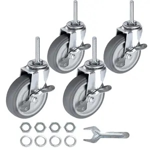 Finnhomy Caster Wheels 3 Inch Set of 4 Heavy Duty Threaded Stem Casters 5/16"-18X1-1/2 Swivel Rubber Industrial Castors Locking Wheels for Wire Shelving/Furniture/Carts Load Bearing 720 Lbs Gray
