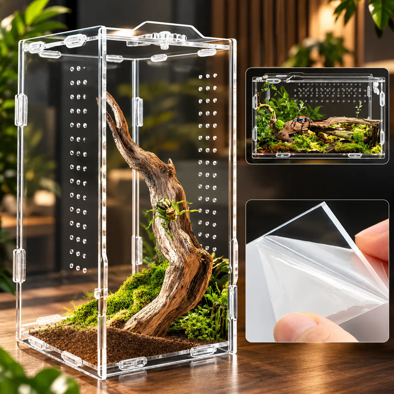 Acrylic Rectangular Enclosed Insect Habitat for Jumping Spiders - Dual Sizes (4x4x8in, 8x8x16in), Full Visibility, No Extra Shipping Supplies Needed, Pet Reptile Amphibian Terrarium Accessory