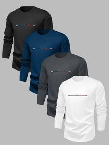 men's letter & striped print round neck sweatshirt, loose casual long sleeve pullover for fall & winter, loose fit men's clothes for daily wear, mens clothing, long sleeve tops, classic longsleeves soft menswear