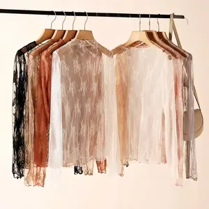 3PCS hollow lace bottoming shirt women's 2024 spring and autumn new thin semi-turtleneck with mesh high-end top women's clothing