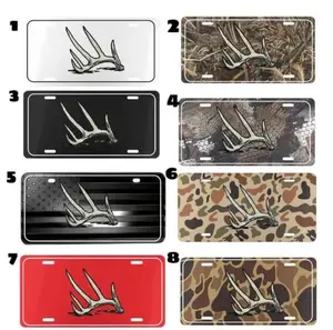 Deer Antler License Plate Aluminum Tag, Hunting Outdoor Front Car & Truck Plate 12x6, Camo American Flag Red White Black Country Style
