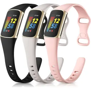 Sport Band Compatible with Fitbit Charge 5 Bands/Charge 6 Bands for Women Men, Waterproof Silicone Slim Thin Wristband Replacement for Fitbit Charge 5 Fitness Tracker, 3 Pack Fuchsia/Rose/Teal