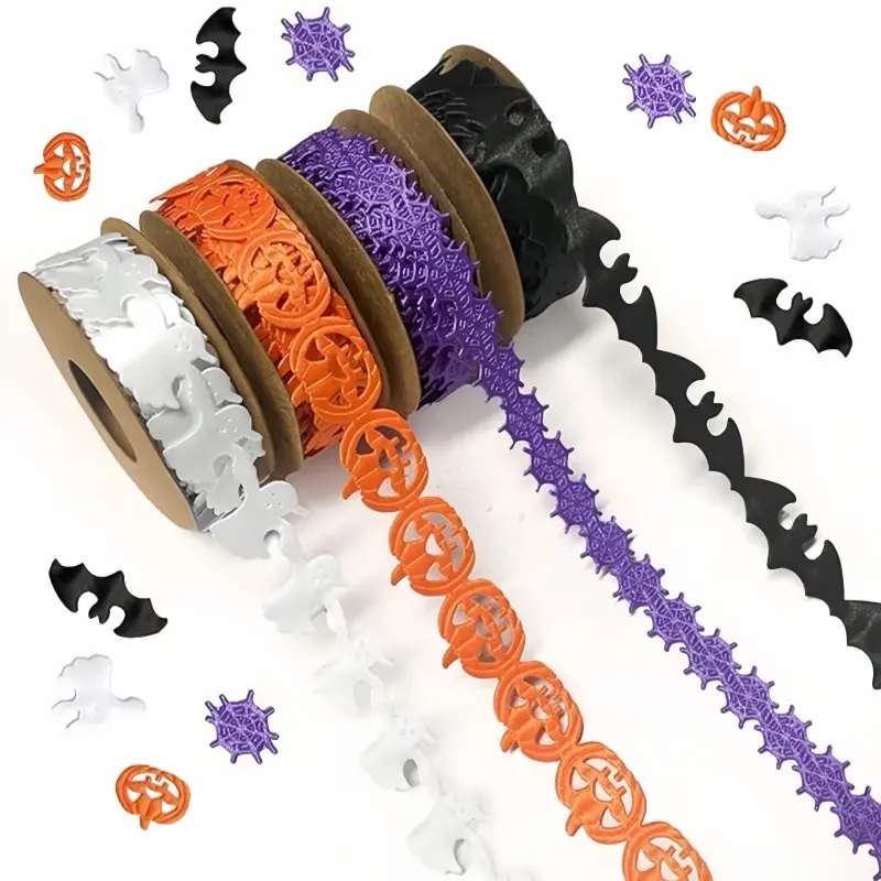 【Hot Selling】Halloween Ribbon Set, Pumpkin Bat Ghost Spider Web Shapes, Cake tie,Handmade Decorative Ribbons for Gifts & Parties