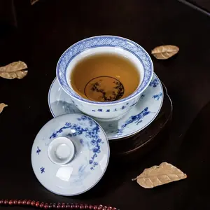 "[Qing Dynasty Blue & White] Vintage Blue and White Three-Talents Gaiwan, Hand-Painted Hundred Boys/Magpie on Plum Blossom Underglaze Pattern, High-Temperature Fired Gongfu Tea Vessel, Collectible Gift Box, Gift for Eastern Culture Enthusiasts "