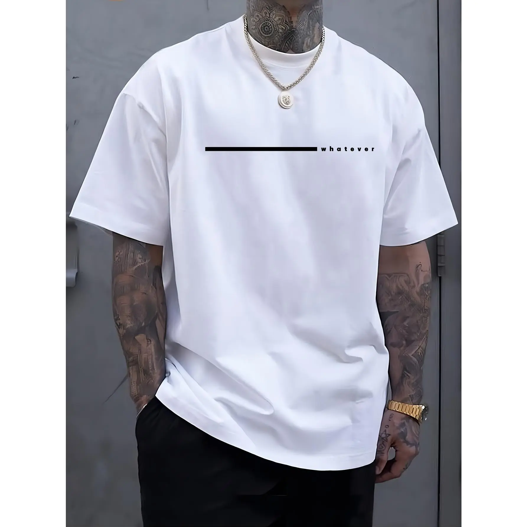 1 piece, 100% cotton T-shirt, Men's Rising ante WHATEVER Pattern T-shirt - Comfortable Long Neck, Spring Summer Short Sleeve - Very Suitable for Outdoor Sports, Large Size