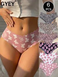 Women's Seamless Wave Design Bikini Underwear Set, Soft Comfort Low Waist Natural Waistline Trendy Lingerie, Multiple Prints Butterfly Lips Leopard, Diverse Prints