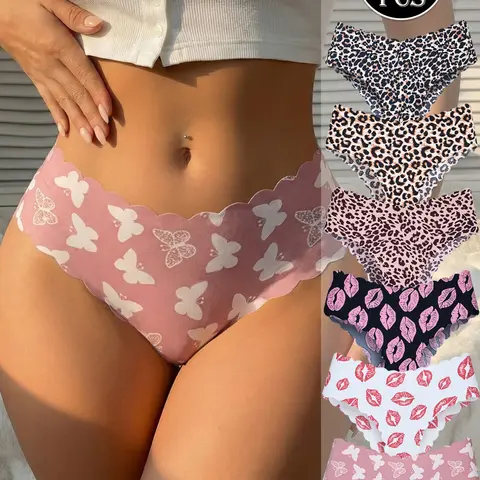 Women's Seamless Wave Design Bikini Underwear Set, Soft Comfort Low Waist Natural Waistline Trendy Lingerie, Multiple Prints Butterfly Lips Leopard, Diverse Prints, Bikini Sets, Print Bikinis