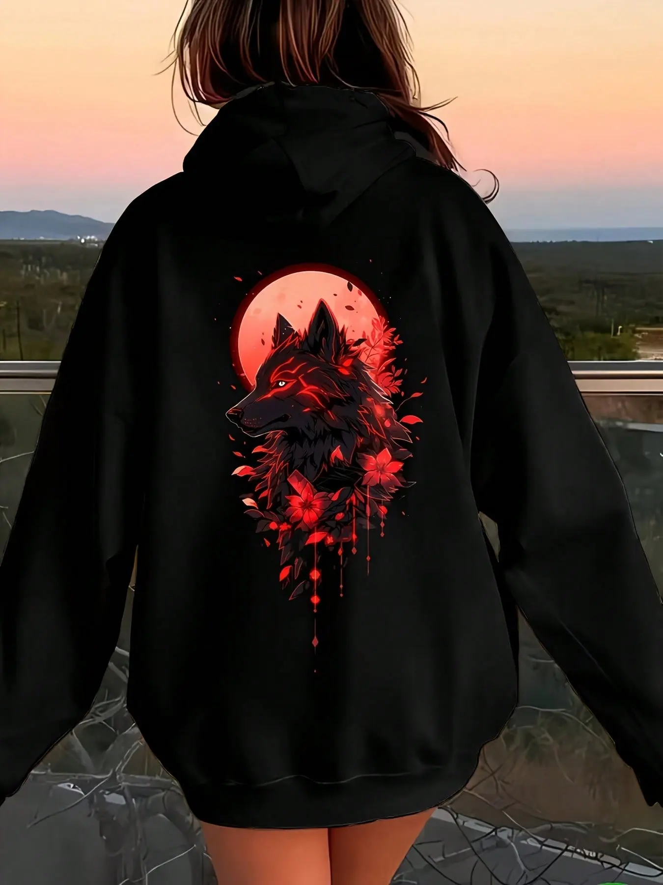 Red Wolf Moon Graphic Women's Hoodie - Edgy Style Hoodie, Sizes S-3XL, Ideal for Wolf & Art Enthusiasts, Daily Wear, Comfortable Material Casual Printed Camo Anime Print Hoodie