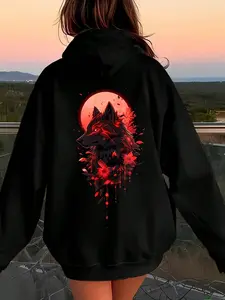 Red Wolf Moon Graphic Women's Hoodie - Edgy Style Hoodie, Sizes S-3XL, Ideal for Wolf & Art Enthusiasts, Daily Wear, Comfortable Material Casual Printed Camo Anime Print Hoodie