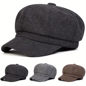 Unisex Elegant Herringbone Newsboy Hat Octagonal Hat Outdoor Sport Warmth Sunscreen Casual Hat Suitable for Autumn Winter Travel