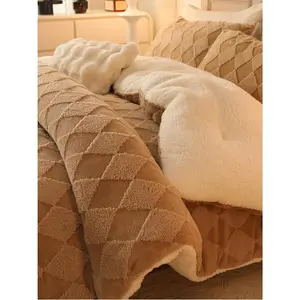 Tufted Fleece Comforter Set  - Super Soft Warm  Shaggy Bedding Sets,  Plaid Jacquard Bed Set for Winter, 1 Sherpa Comforter with 2 Pillow Cases (90"X90" Beige)