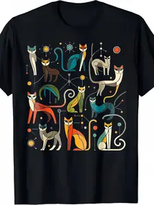 Plus sizeMen's & Women's Retro 60s/70s Vintage Cat Print T-Shirt - Cotton Relaxed Fit Short Sleeve Crew Neck, Multicolor Geometric Cat Design with Tabby & Tuxedo Patterns, Sizes, Machine Washable Casual Casual Attire, Unisex Retro Style with Micro-Elastic
