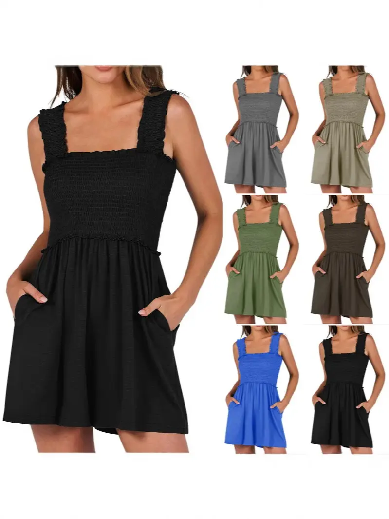Women's Smocked Romper Dress with Square Neck Ruffle Straps, Casual Summer Sleeveless Jumpsuit with Pockets for Beach Vacation, Travel & Daily Wear