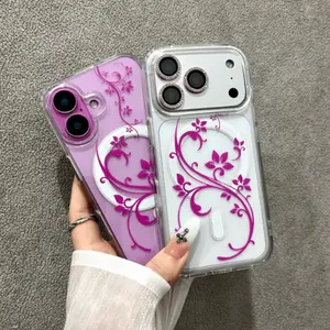 Y2K purple floral pattern phone case, compatible with iPhone 17, 16, 15, 14, 13 Pro Max, Air and Plus, as well as the stylish iPhone 16 Plus. This case features a stylish, shockproof, full-coverage design and is compatible with MagSafe magnetic charging.