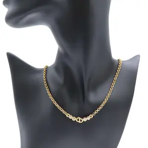 Pre-owned Christian Dior Crystal CD Chain Necklace Gold Twins LDJ4436