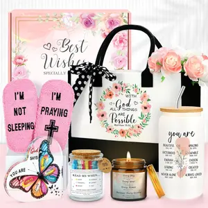Christian Gifts for Women – Faith-Based Inspirational Gift Set, Bible Verse Accessories, Candles, Tote Bag, Socks & Decorative Jar for Birthday, Christmas & Catholic Gifts