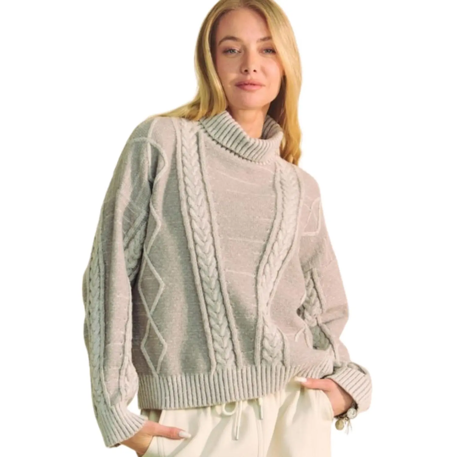 Women's Gray Cable-Knit Turtleneck Sweater