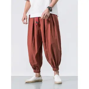Men's Solid Color Drawstring Waist Harem Pants, Loose Casual Comfy Drop Crotch Linen Pants for Spring, Fashion Men's Bottoms for Daily Wear