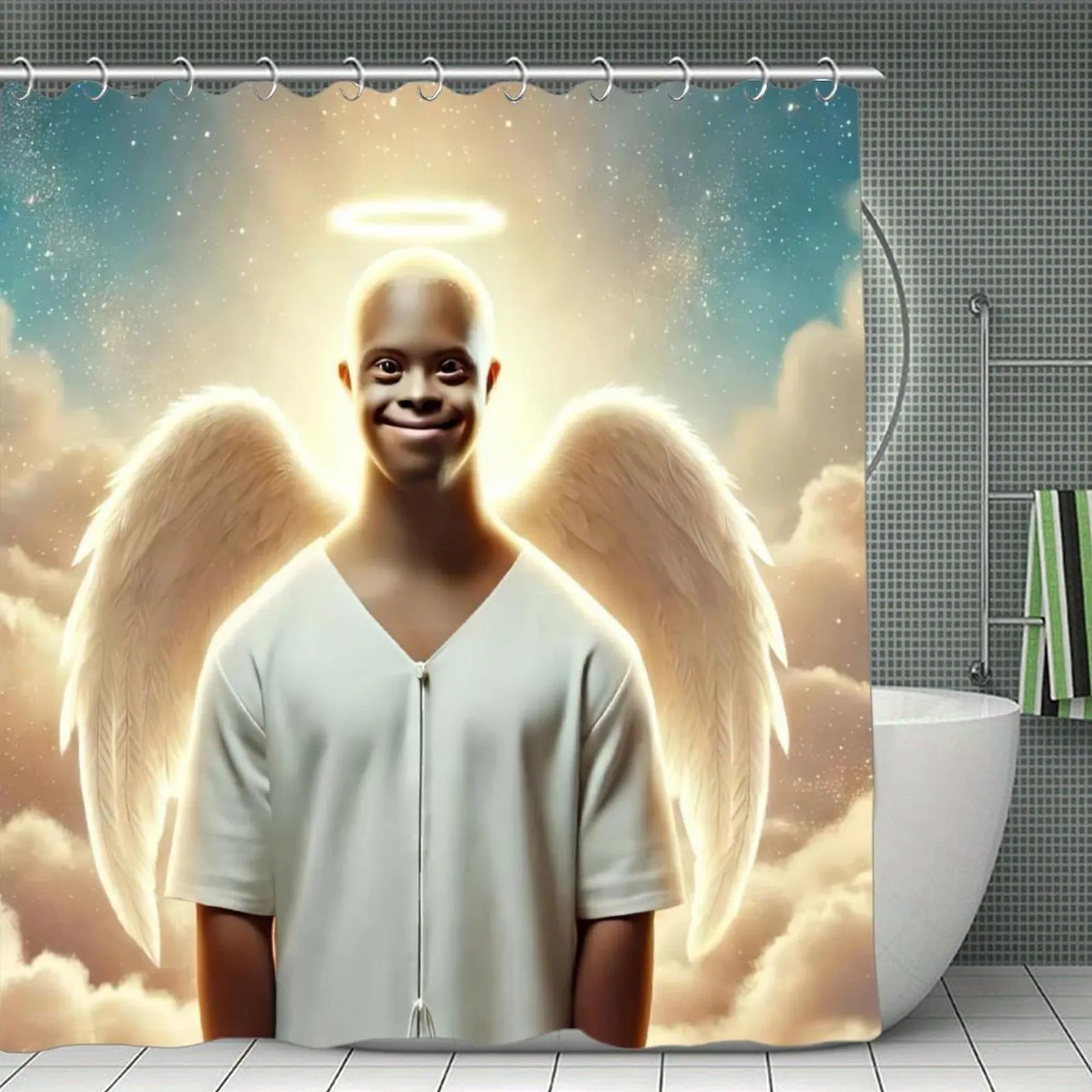 Funny Meme Bald Black Angel With Halo And White Wings In Clouds Shower Curtain