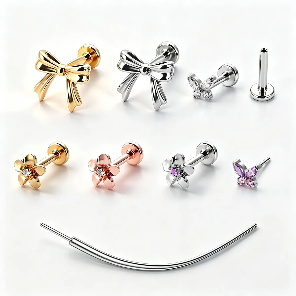 18G Titanium Threadless Flat Back Studs for Nose Helix Tragus Cartilage Lip Piercing, 6mm Push-In Labret Stud Earrings with Curved Guide Pin, 18K Gold PVD