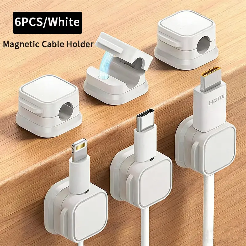 6-Pack Magnetic Cable Management Clips, Adjustable Wire Organizer, Cord Organizer, Self-Adhesive Desk Mount, Home Office Car Wall Bedside Storage Holder, Desk Accessories, Cable Management Kit