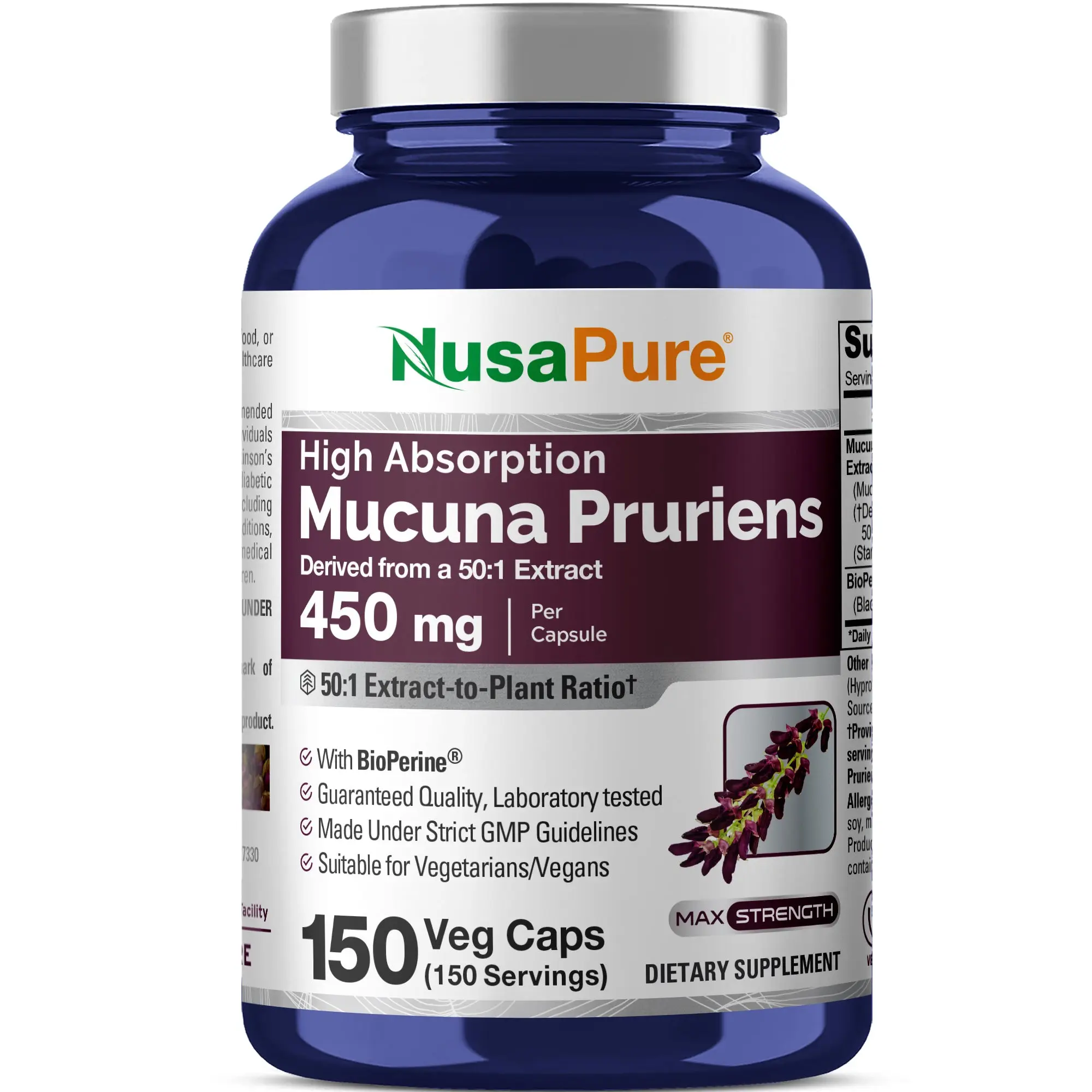 NusaPure Mucuna Pruriens 50:1 Extract Dietary Supplement Capsules - 450mg, 150 Vegan Caps, Non-GMO, Gluten-Free, Bio-Perine, GMP-Certified for Energy, Stress Relief, Mental Performance, Motivation, Supplement Stack
