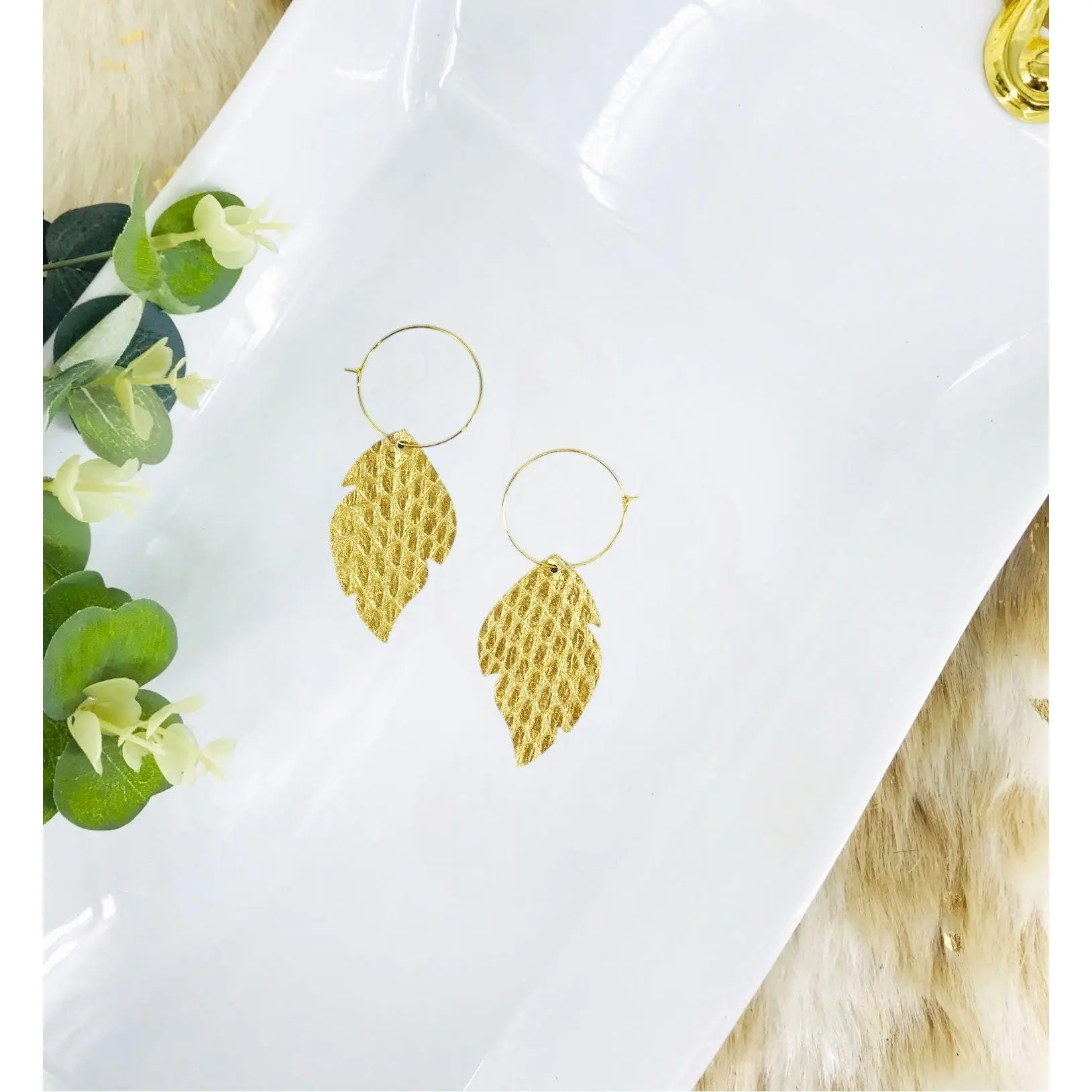 Gold Anaconda Leather Hoop Earrings - E19-2261