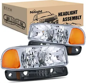 Nilight Headlight Assembly Compatible for 1999 2000 2001 2002 2003 2004 2005 2006 GMC Sierra Yukon, Smoke Bumper Light Chrome Housing Amber Corner Clear Lens, Headlights Assembly Replacement