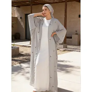 Elegant Stone Grey All-Over Floral Embroidered Abaya Modest Open-Front Kimono | One Size S-XL | Perfect for Ramadan, Eid, Garden Parties & Summer Vacation