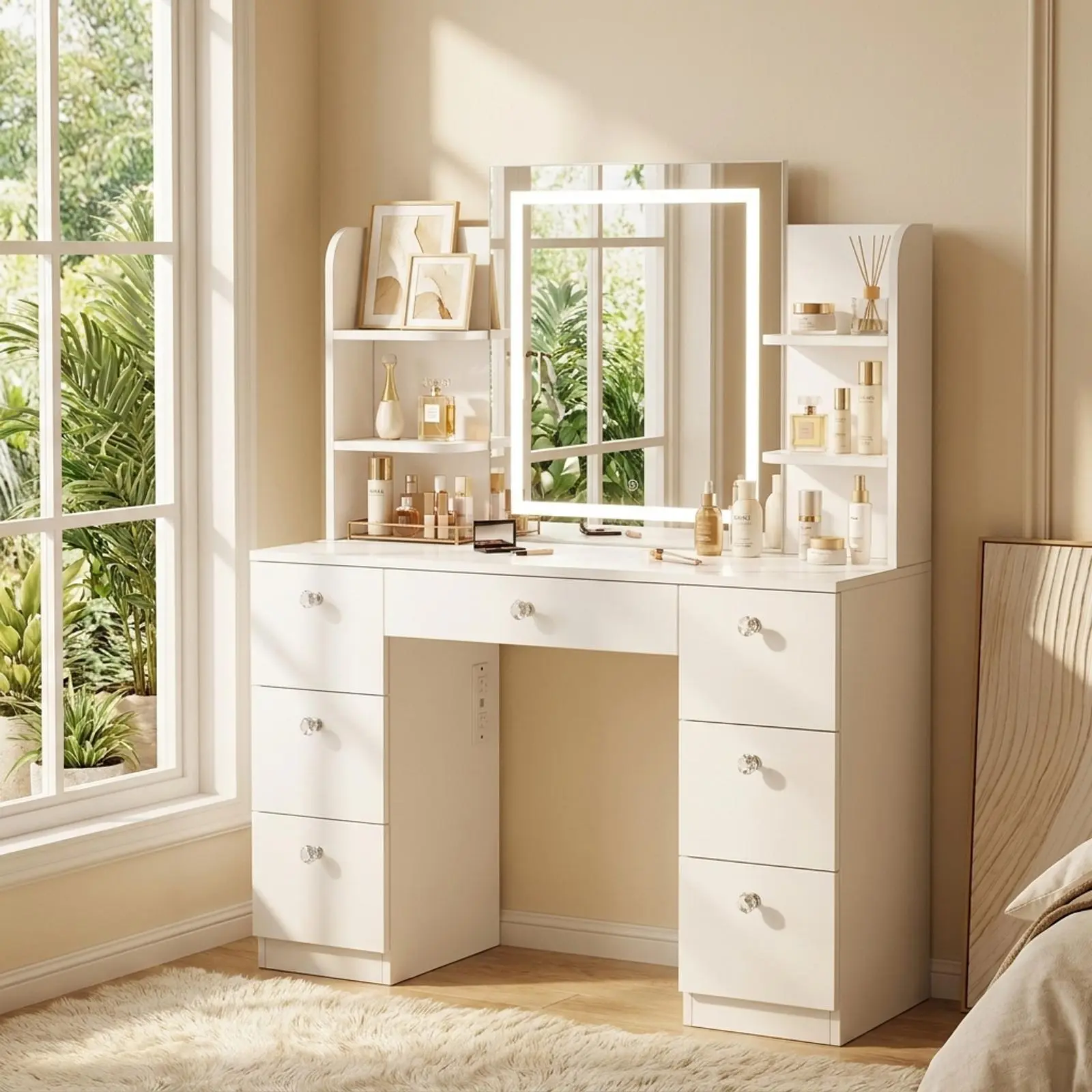 【Assembly video available】VOWNER Modern Makeup Vanity Table Set with 3 Color Lighted Mirror 7 Drawers & Outlet SohoChic