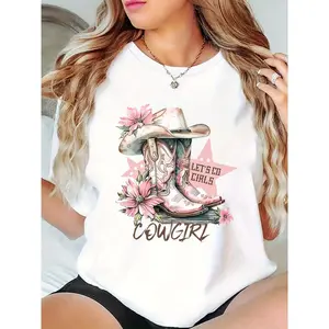 Women's White Cowgirl Graphic T-Shirt - Pink Cowboy Boots & Floral Print with "Let's Go s" Slogan, Stretchy Casual Tee for Casual Attire & Sports, Machine Washable, T Shirts for s, Allseason Top, Round Neckline Shirt, Nontransparent Fabric