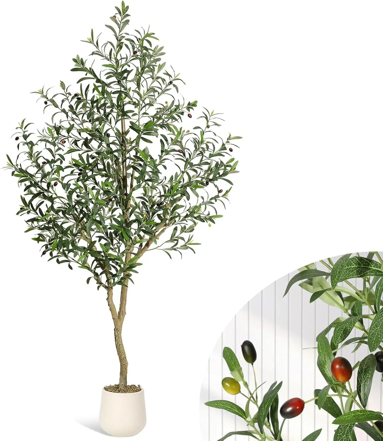 Gaomon 7FT UV-Resistant Plastic Faux Olive Tree - Adjustable Moss-Planter Set with White Planter, Green Moss, Decorative Fruit, Holds Mini Lights for Bedroom, Restaurants Indoor/Outdoor Furniture Decor