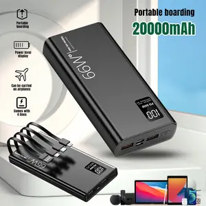 20000mAh 66W Fast Charging Power Bank PD 20W Portable Charger with 4 Built-in Cables for iPhone Samsung Android Black