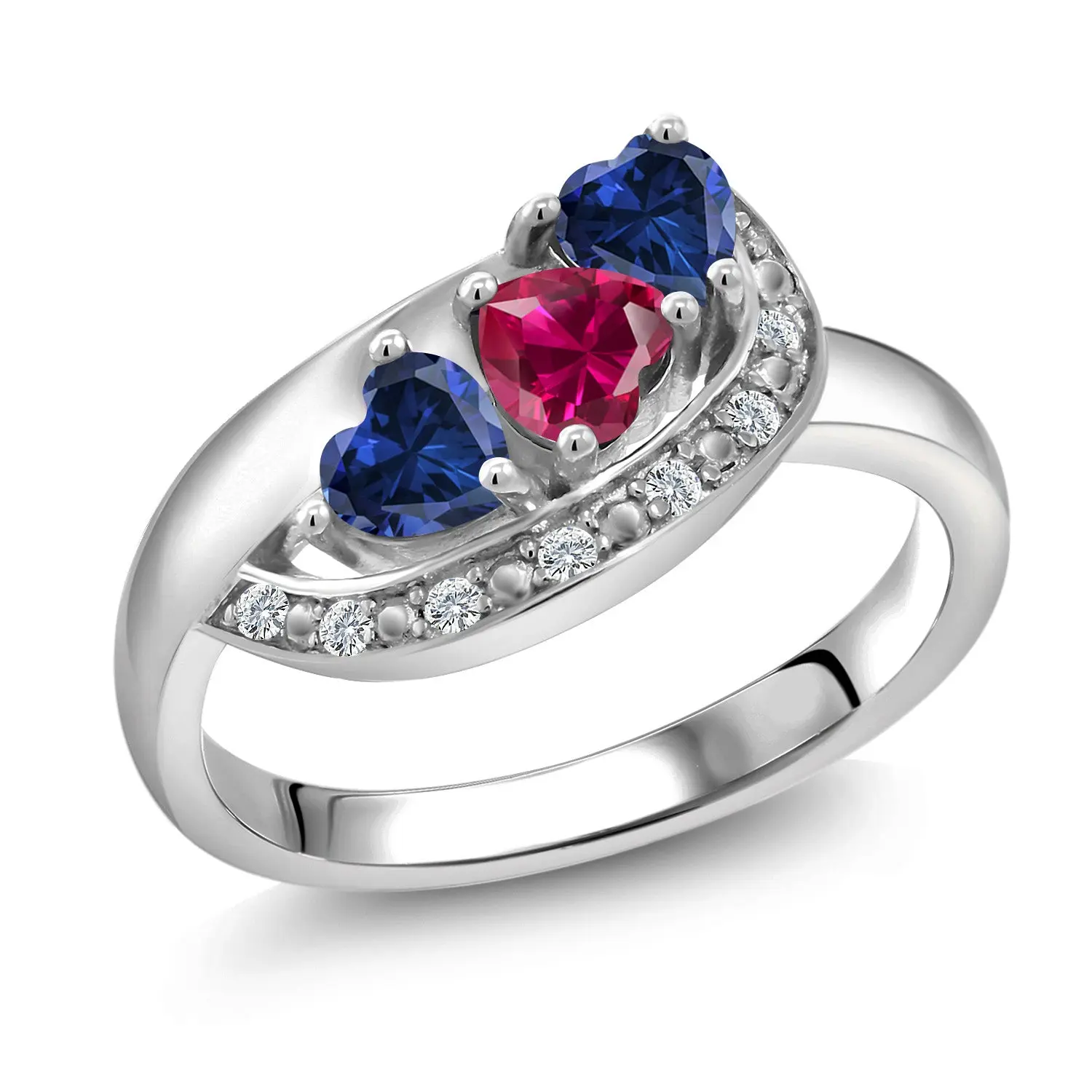 Gem Stone King 925 Sterling Silver Red Created Ruby Blue Created Sapphire and White Created Sapphire Engagement Ring For Women (1.36 Cttw, Heart Shape 4MM)