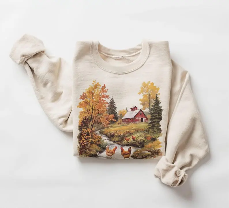 Retro Chickens & Red Barn Farm Fall Creek Scene Sweatshirt, 90's Vintage Backyard Chicken Farmer Outfit, Boho Unisex Crewneck Sweatshirt