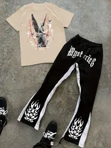 Men's Fashion Casual Breathable Two-Piece Set, Flame Statue Print Round Neck Short Sleeve T-Shirt & Drawstring Flare Pants, All Seasons Wear