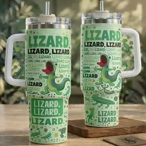 Funny Lizard Doodle Pattern Tumbler 40oz / 20oz – Cute Green Gecko Cartoon Reptile Lover Gift Cup With Handle And Straw