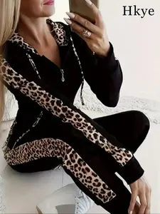 Women's Leopard Print Casual Two-Piece Set, Drawstring Hooded Pantsuit, Long Sleeve Top & High Waist Pants, Fall Fashion, Womenswear